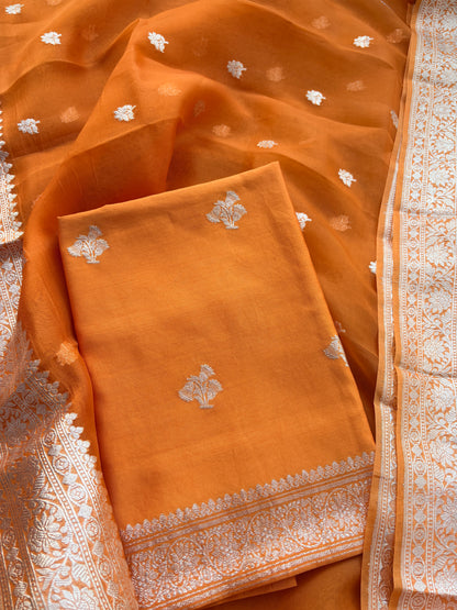 Orange Chiniya kora silk pure silver zari suit set
