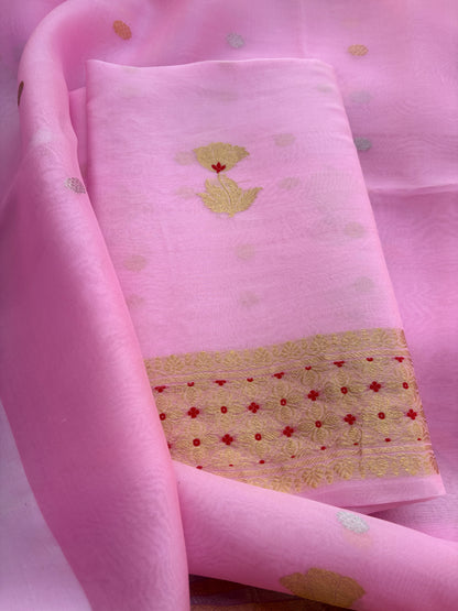 Pink kora kadhwa rose design suit set
