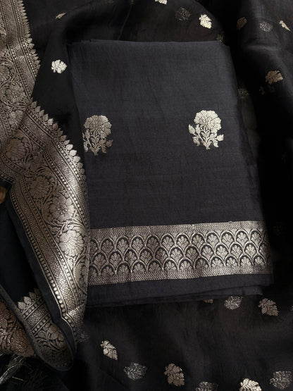 Black silver zari Chiniya silk suit set