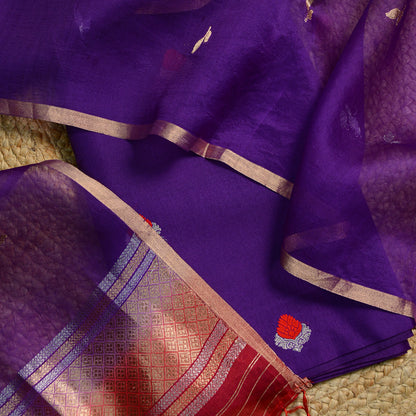 Purple kora silk suit with red shade dupatta