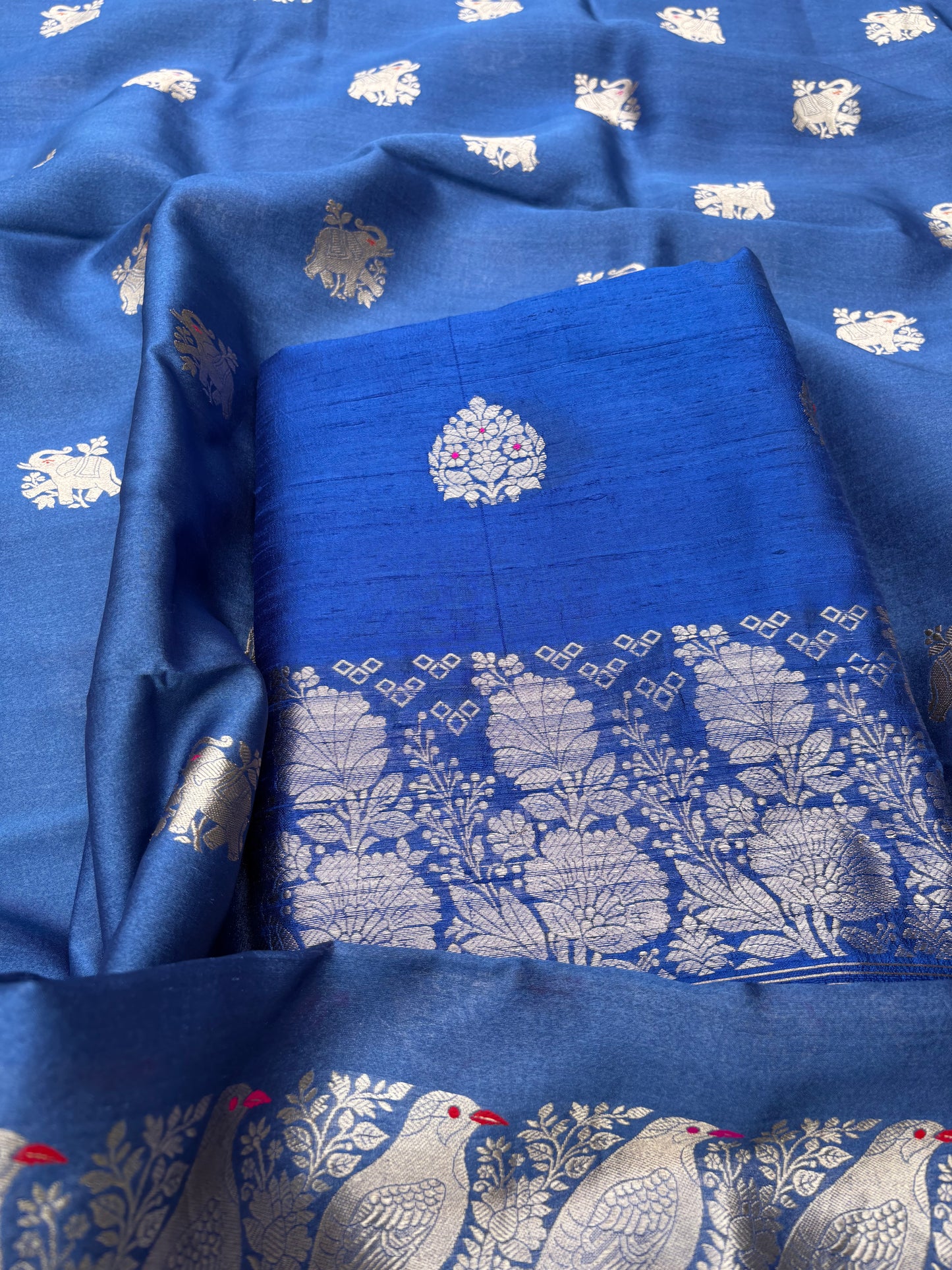 Blue raw silk kurta, bottom, Chiniya kora dupatta