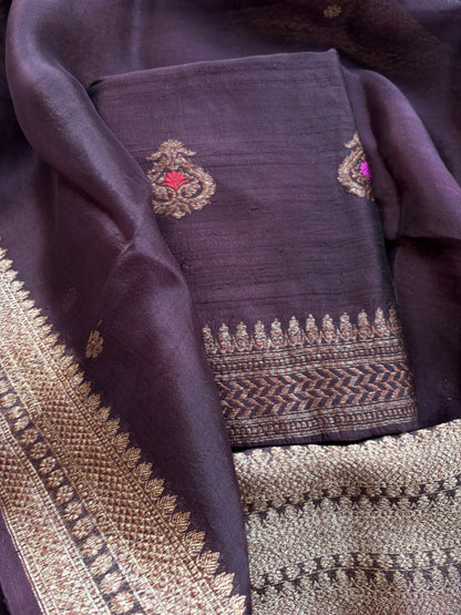 Wine raw silk kadhwa suit set