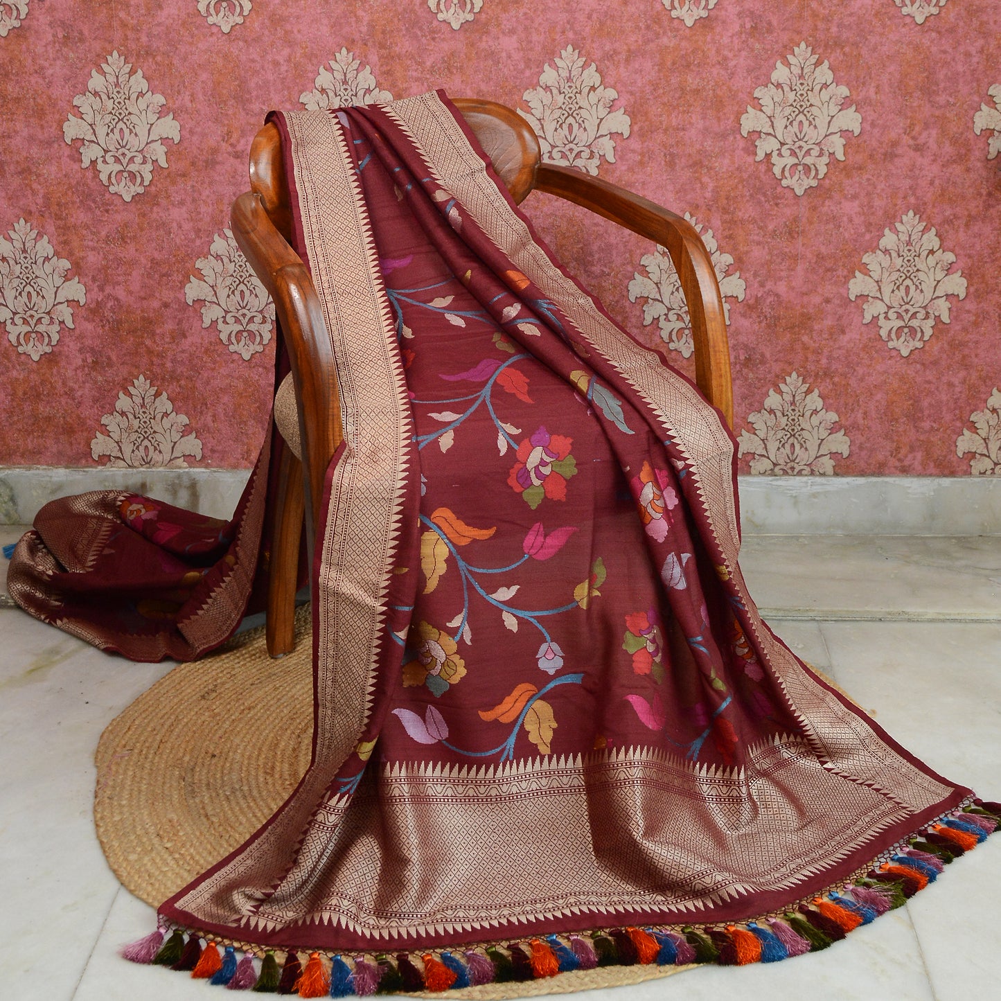 Wine tussar silk kadhwa dupatta
