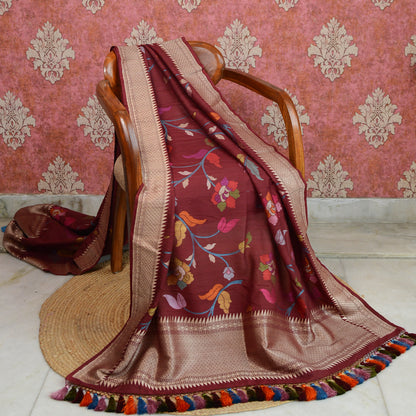 Wine tussar silk kadhwa dupatta