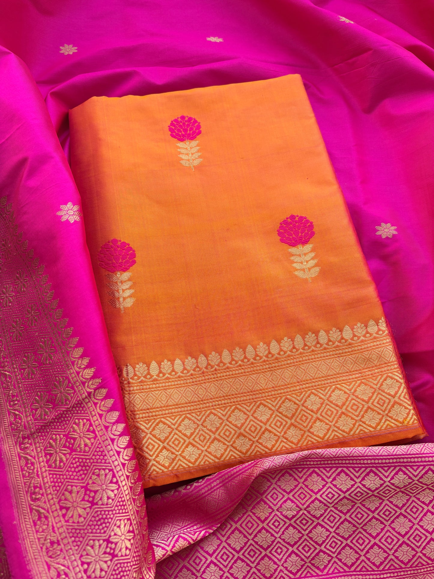 Yellow katan by katan silk suit with rani dupatta