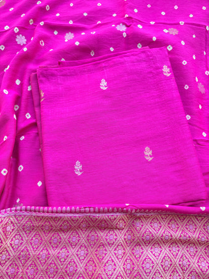 Pink moonga silk kadhwa suit with bandhani dupatta