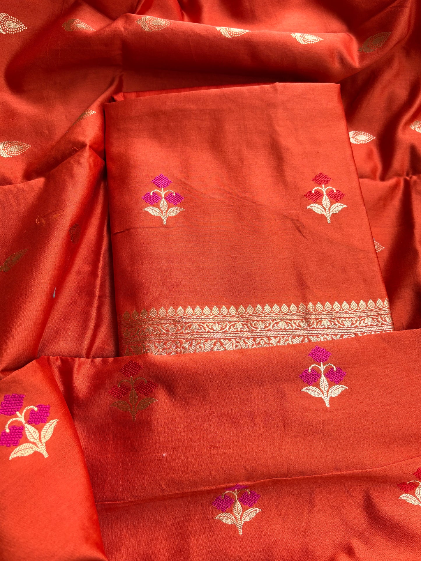 Rust orange Chiniya silk kadhwa suit set.