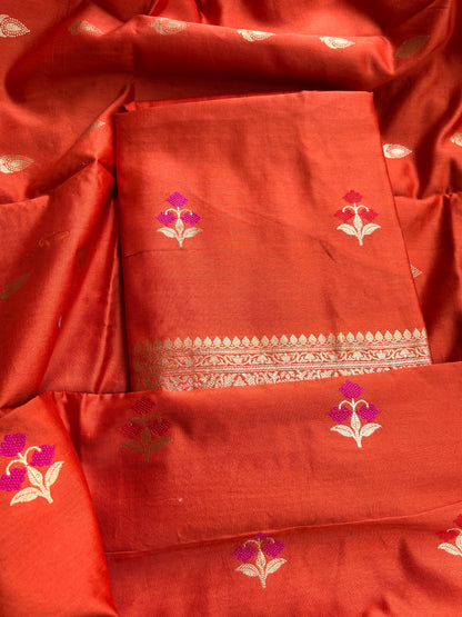 Rust orange Chiniya silk kadhwa suit set.