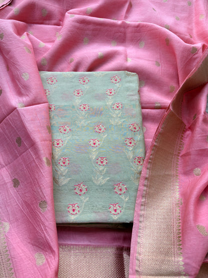 Pista green with baby pink dupatta pure cotton suit set