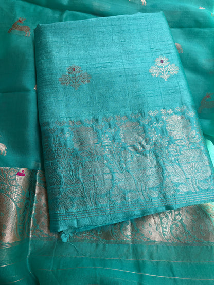 Blue raw silk Kurta, bottom , Kora silk deer motif dupatta