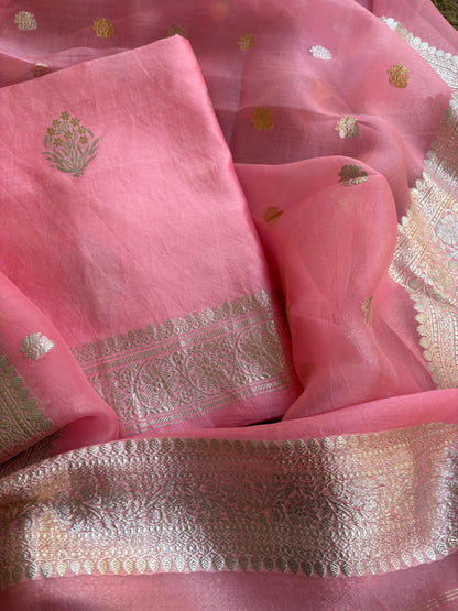 Pink pure silver zari chiniya kurta, kora dupatta, plain silk bottom.