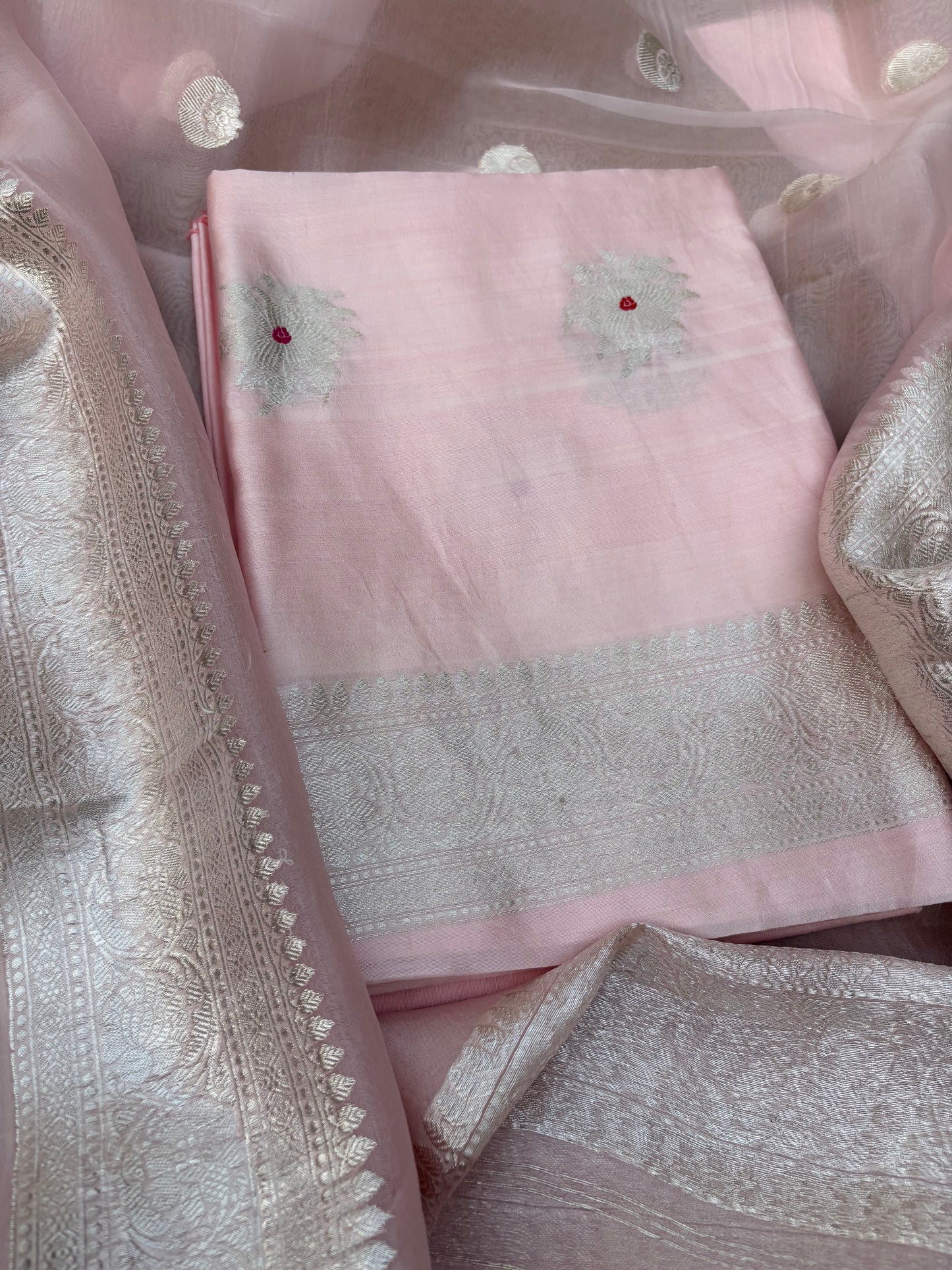 Pink Chiniya silk  silver zari 3 piece suit set