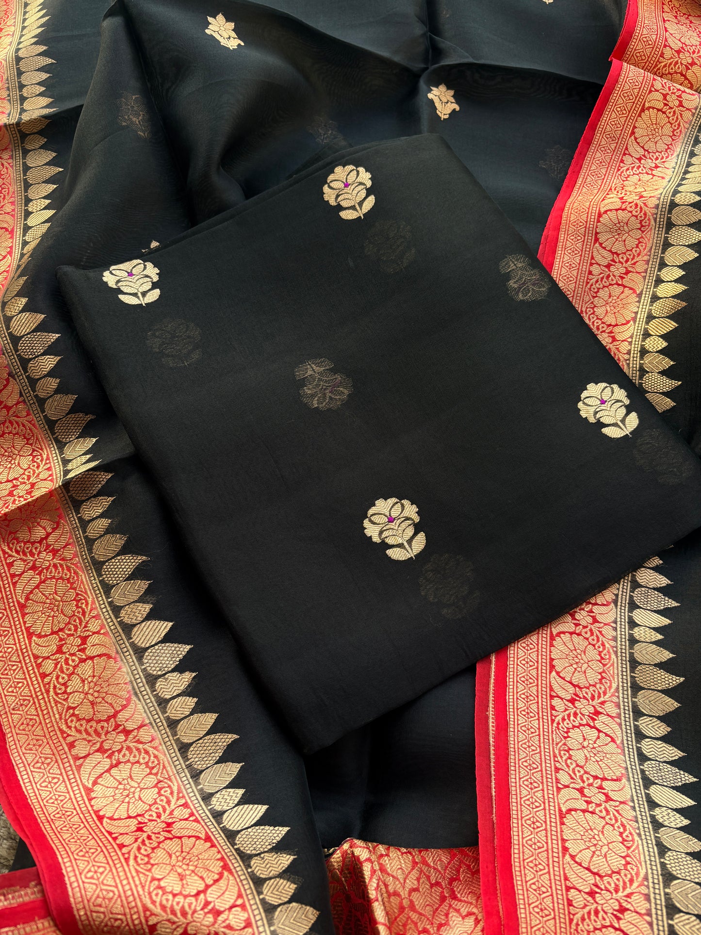 Black Kora silk with red shaded dupatta