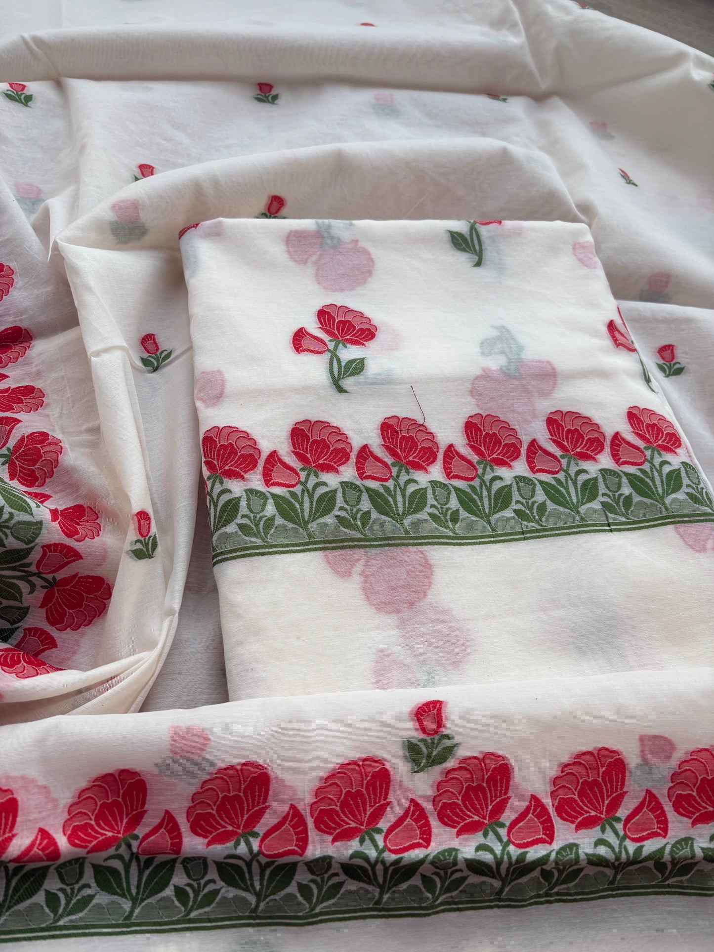 White Chanderi meenadar flower suit set