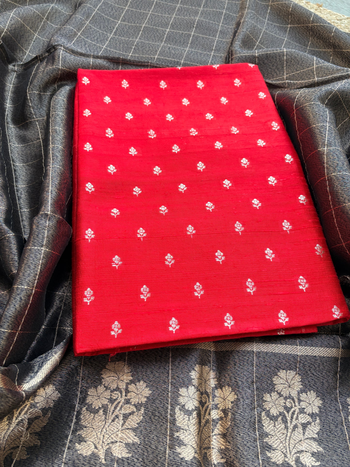 Red Chiniya silk kurta, bottom , black tissue dupatta