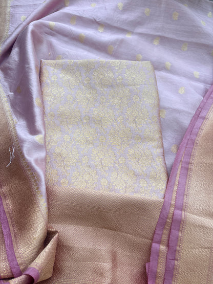 Pink brocade Chiniya silk suit set with lavender salvage