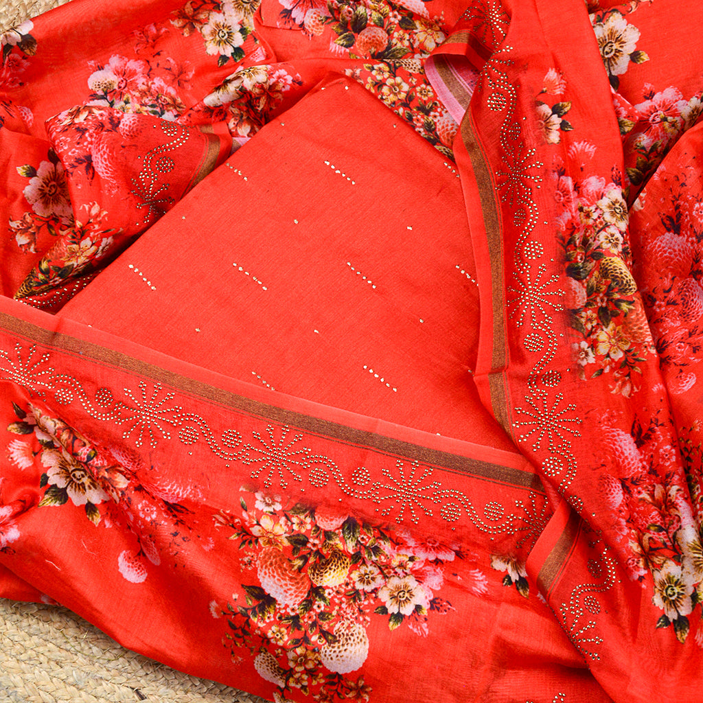 Red chanderi silk printed suit set