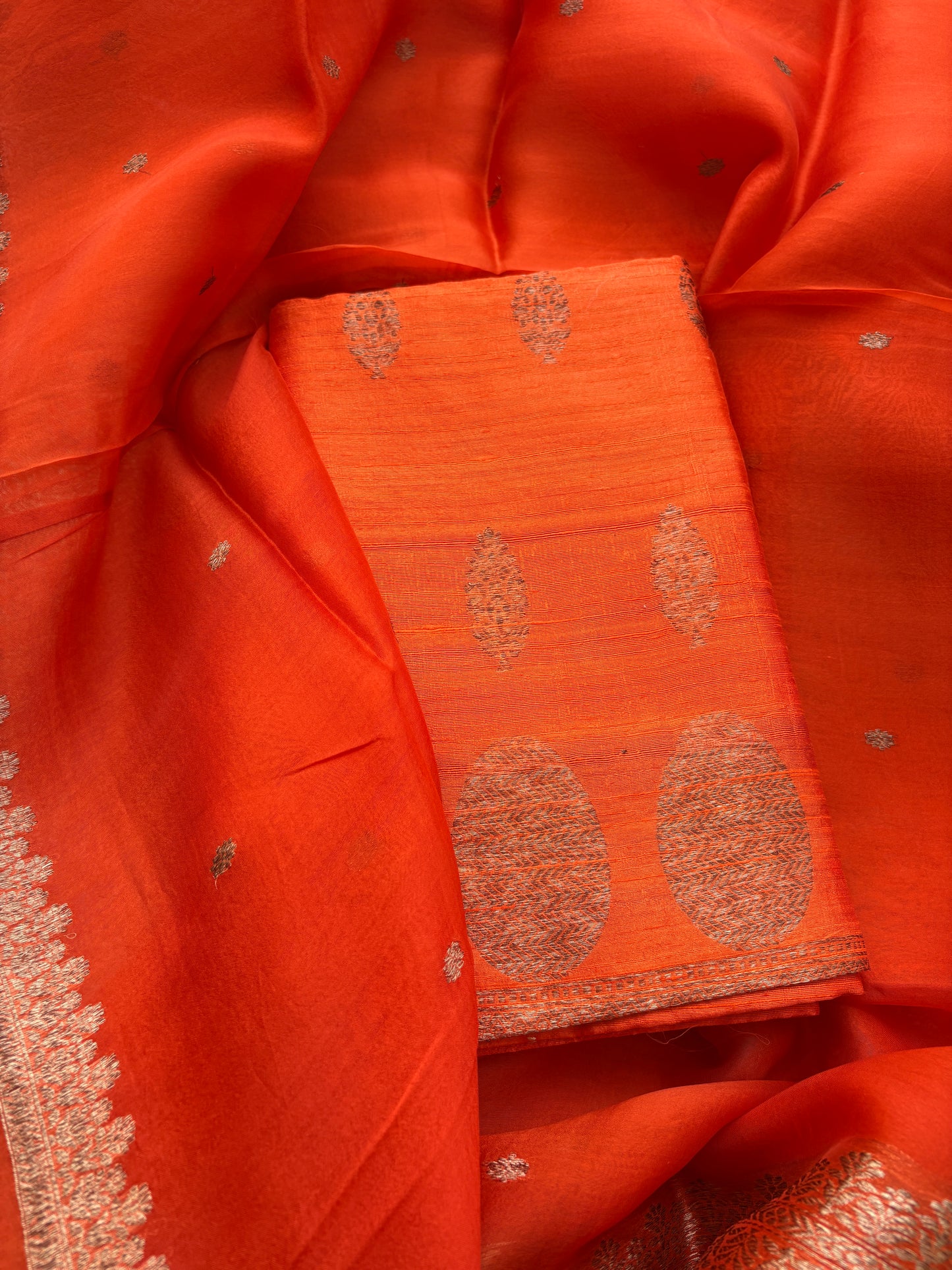 Orange raw silk suit set with Kora silk dupatta