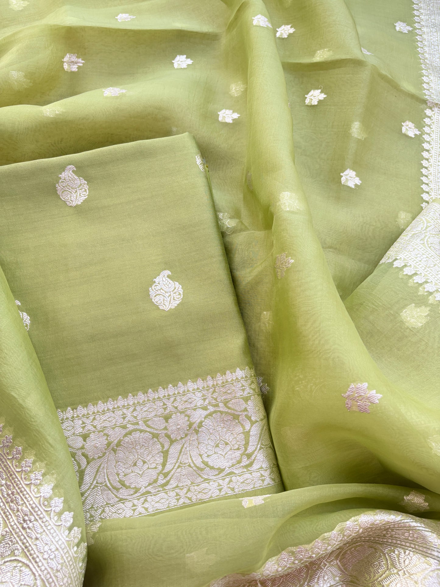 Green Chiniya silk pure silver zari suit set