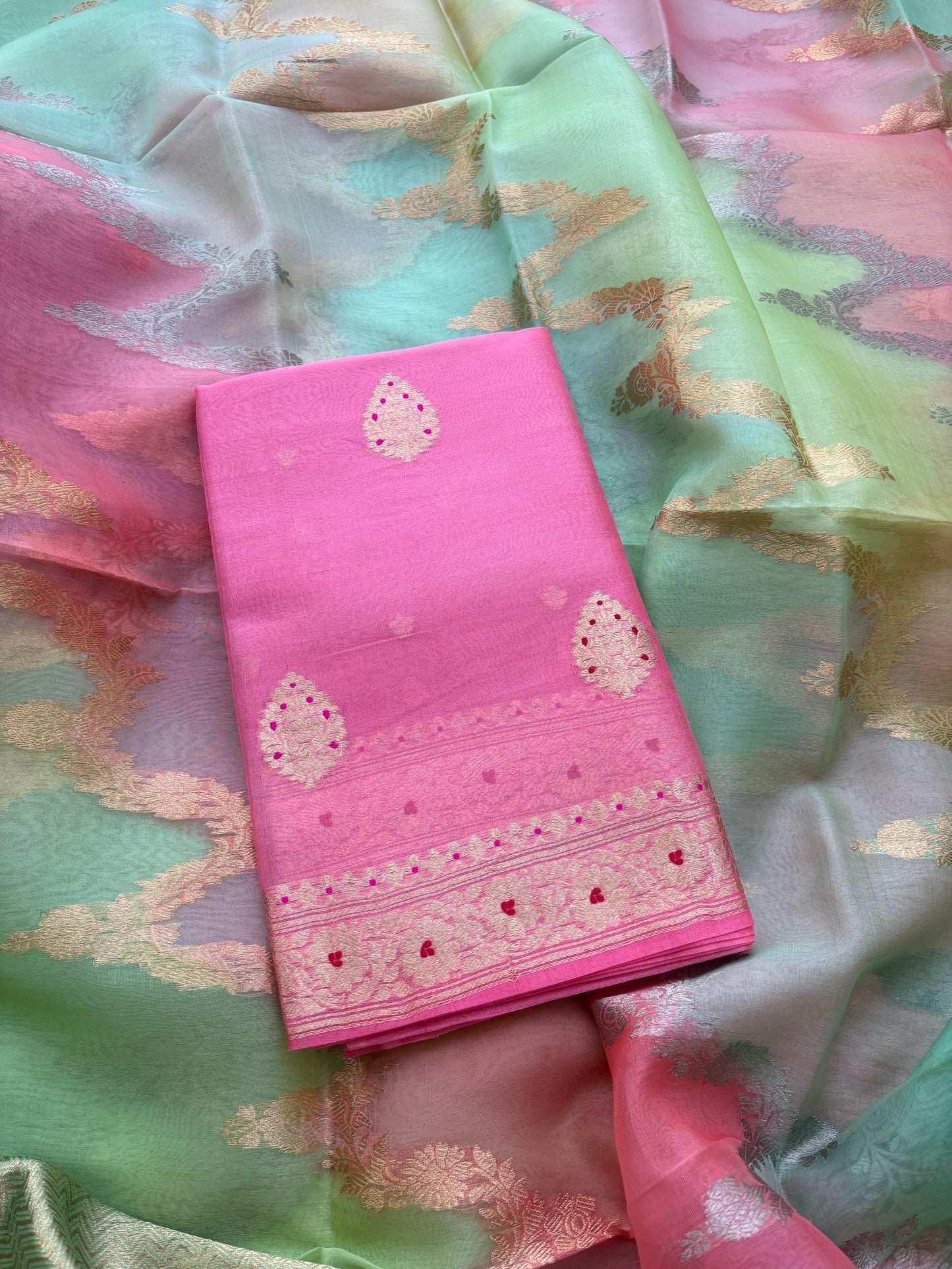 Pink kora silk with rangkata dupatta