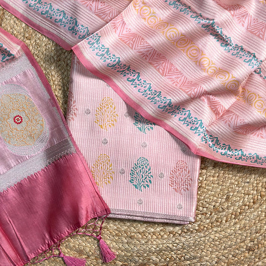 Pink Chiniya silk self woven design suit set
