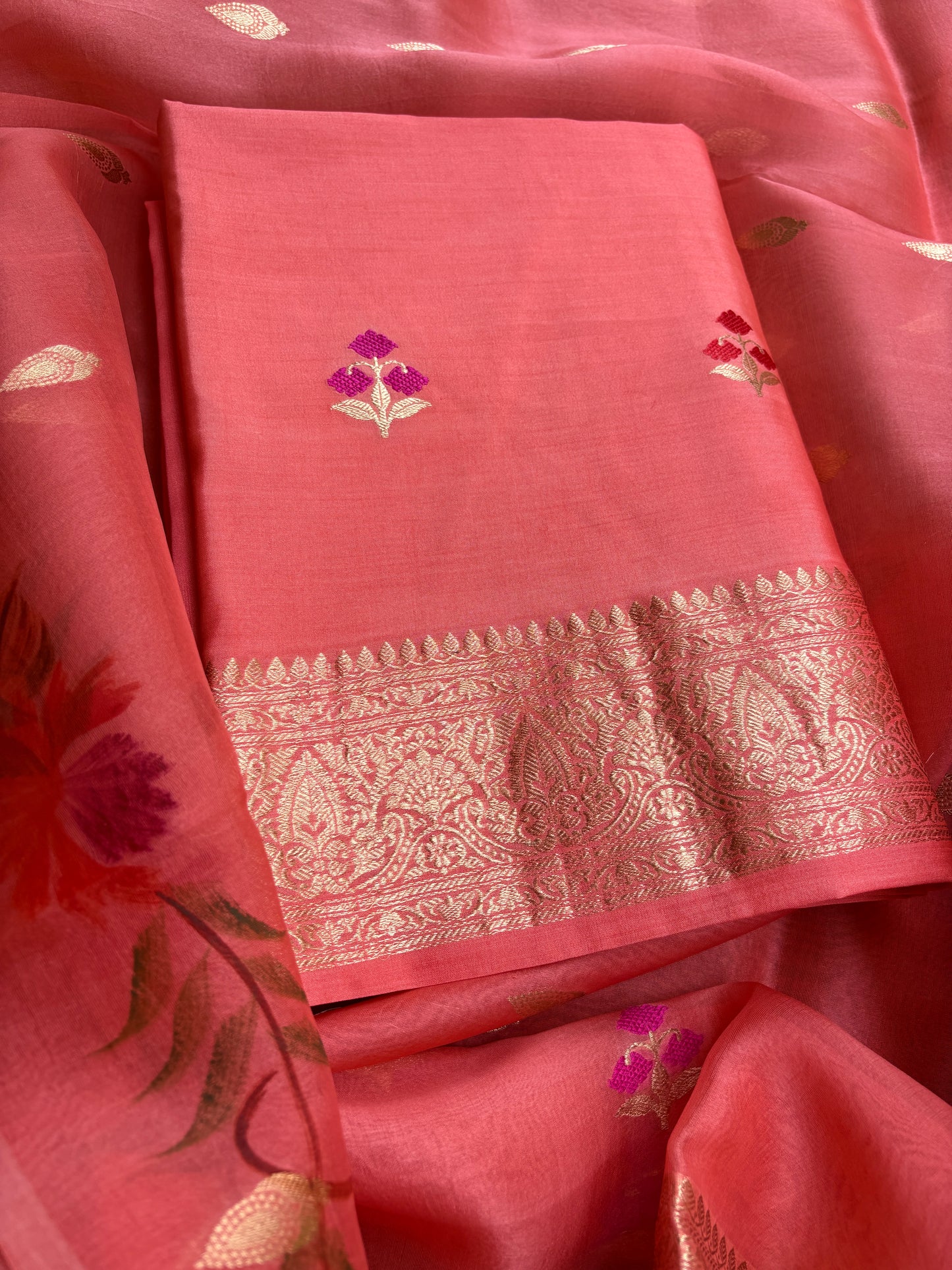 Peach Chiniya kora silk suit ( hand brushed border)
