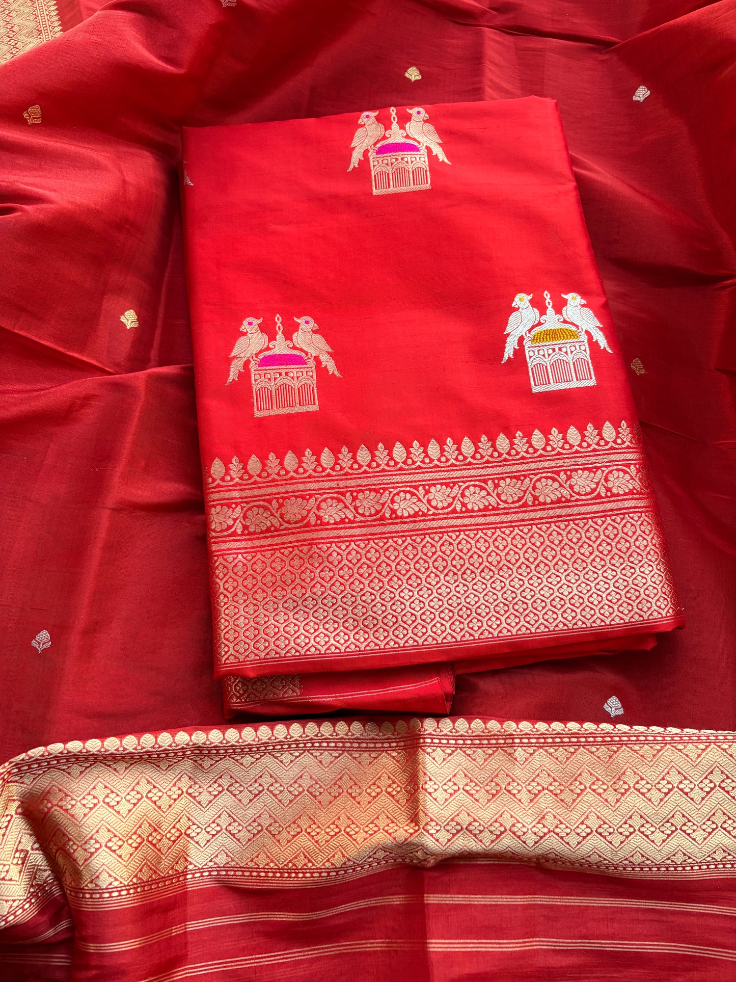 Red katan by katan silk kadhwa suit with tissue dupatta