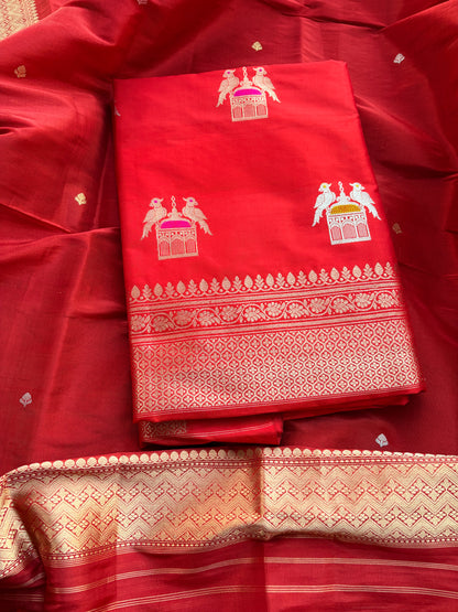 Red katan by katan silk kadhwa suit with tissue dupatta