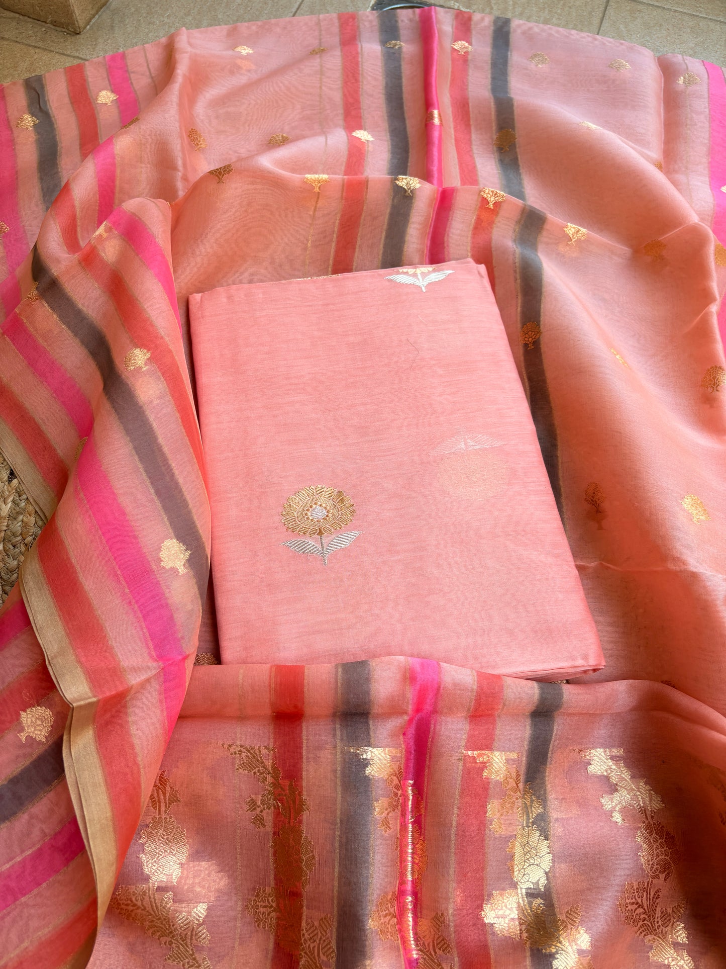 Peach Chiniya silk kurta , bottom and kora kadhwa dupatta