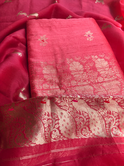 Peach raw silk kurta, bottom , kora silk dupatta