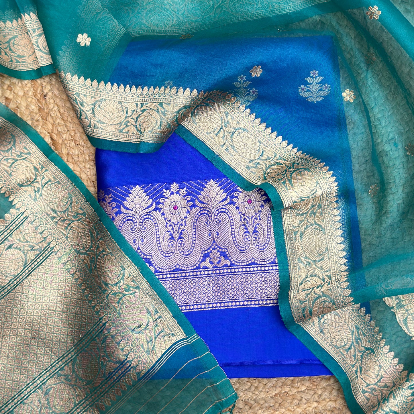 Blue green mango silk with kora dupatta suit set