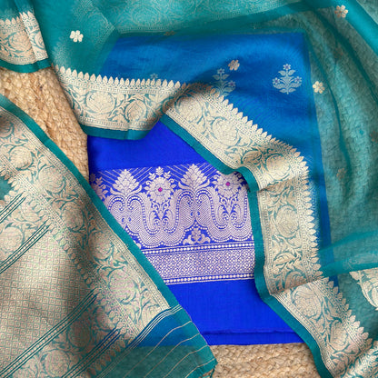 Blue green mango silk with kora dupatta suit set