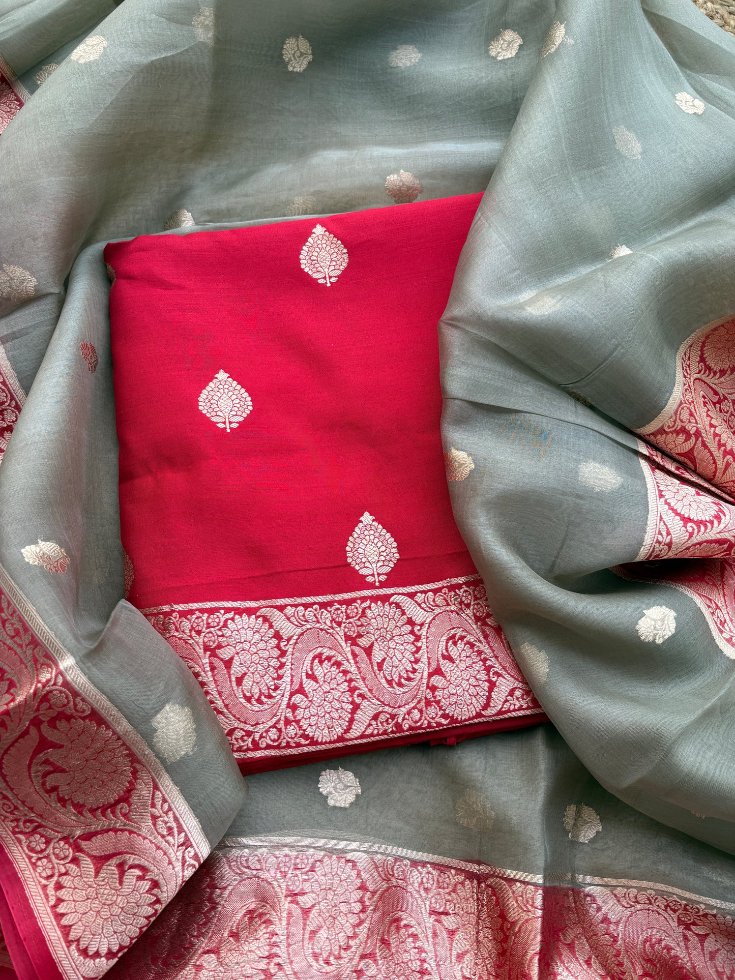 Red Chiniya silk kadhwa shaded dupatta