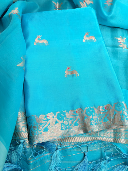 Blue pure silk kadhwa motif suit set