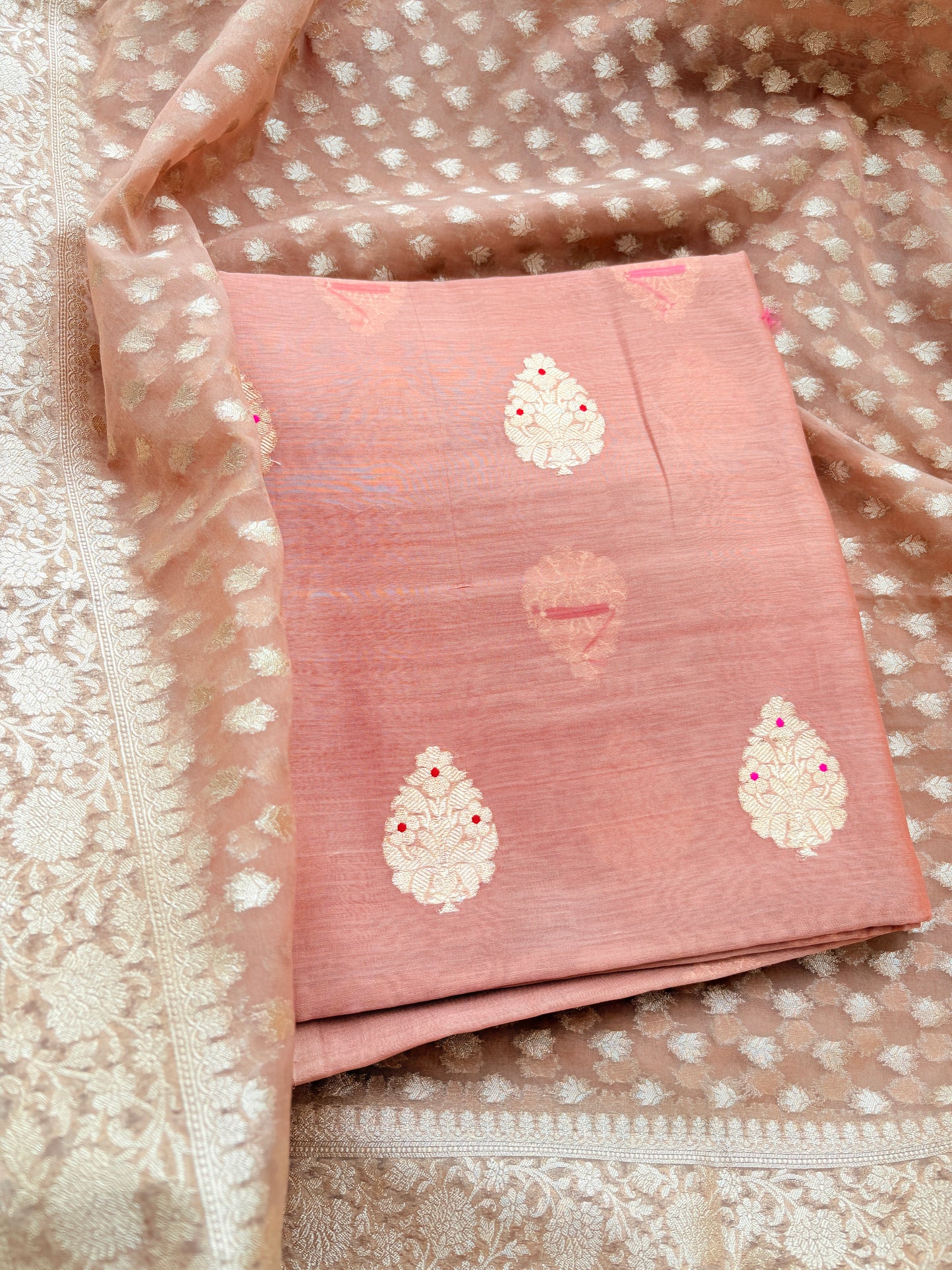 Peach handloom silk suit set with cutwork Kora dupatta