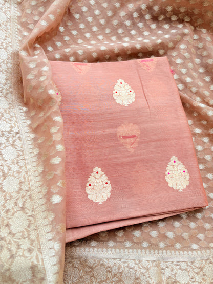 Peach handloom silk suit set with cutwork Kora dupatta