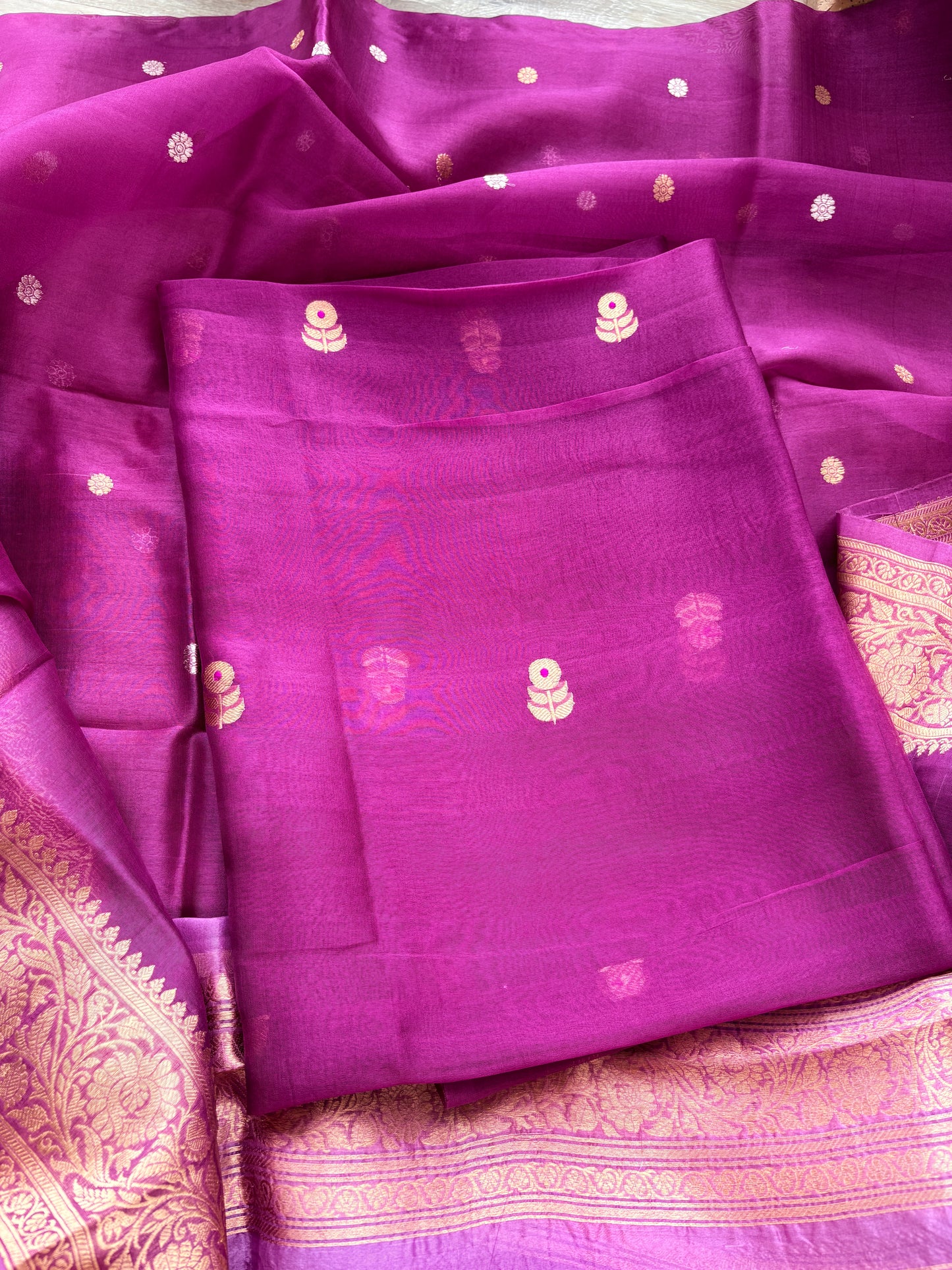 Purple lavender kora silk suit set with shaded dupatta