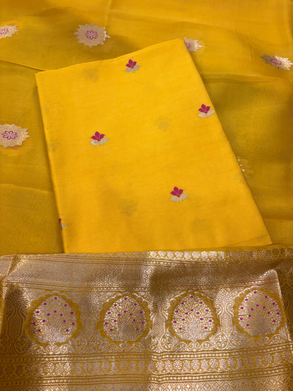 Yellow Chiniya silk kurta bottom and kora silk dupatta