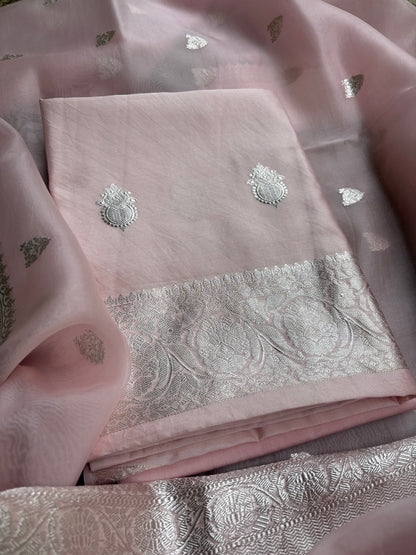 Pink Chiniya kadhwa silver zari 3 piece suit set