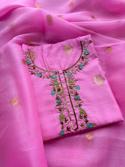 Pink Chiniya silk with hand embroidered neck design .