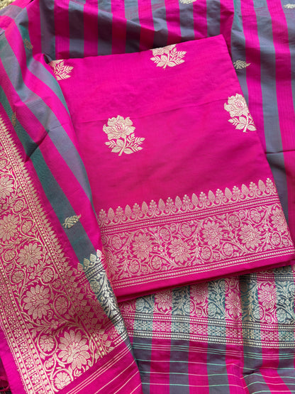 Pink katan by katan silk kadhwa suit set with stripe katan dupatta