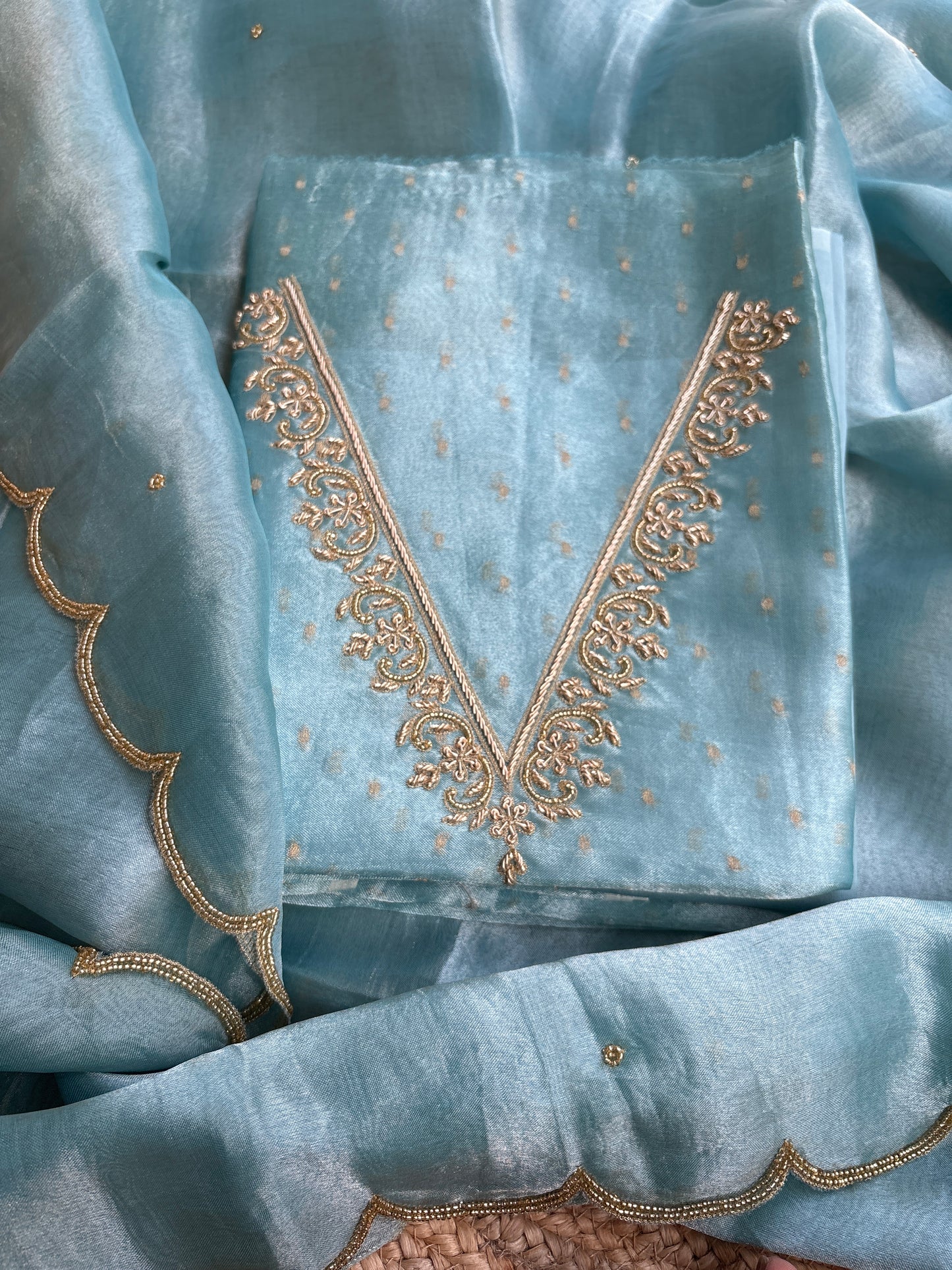 Blue tissue embroidered suit set