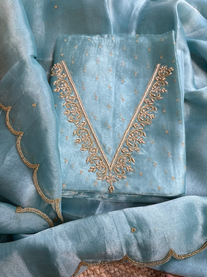 Blue tissue embroidered suit set