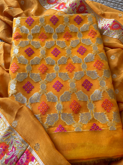 Orange mustard meendar organza kurta, chiffon dupatta and plain bottom