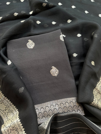 Black Chiniya silk pure silver zari suit set