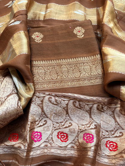 Brown raw silk suit set with kora tissue dupatta