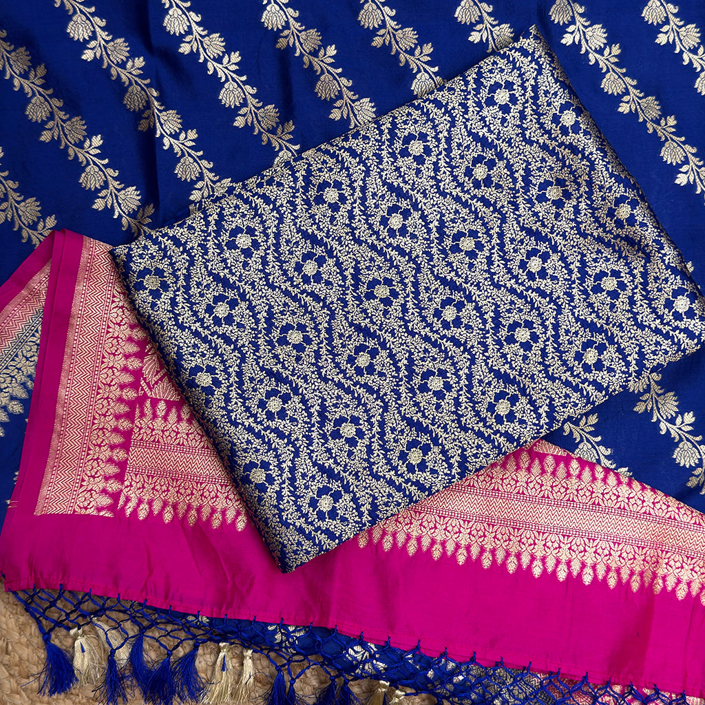 Blue brocade Chiniya silk suit set