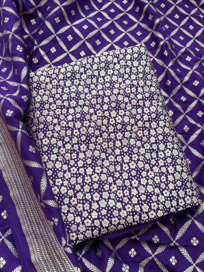 Brocade moonga silk meendar suit set
