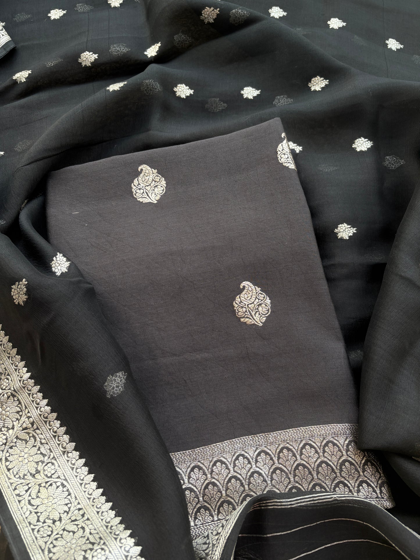 Black Chiniya silk pure silver zari suit set