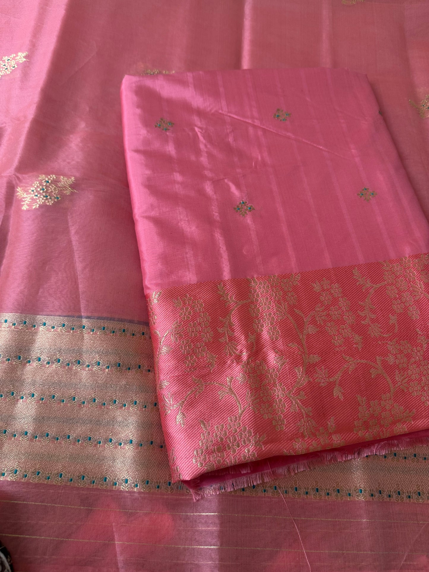 Pink katan silk embroidered kurta, plain katan bottom and kora silk dupatta .